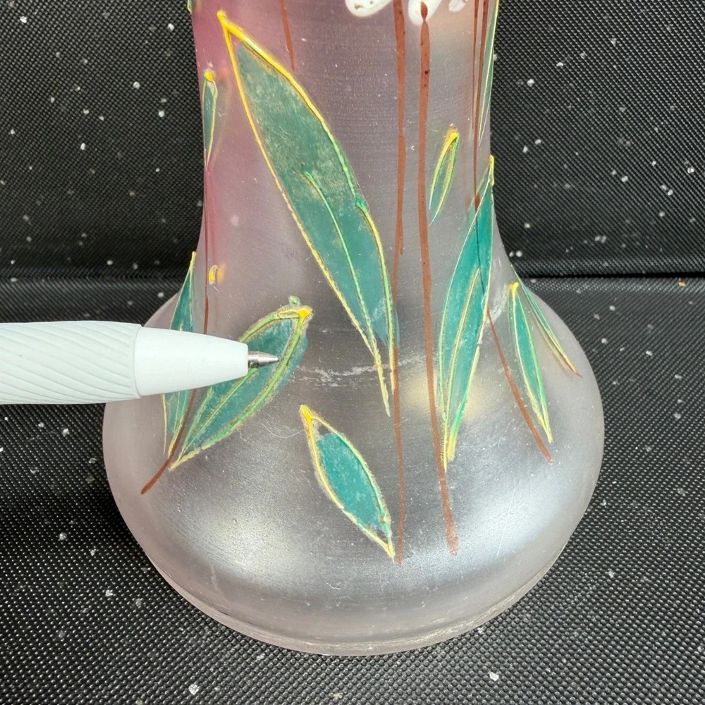 Satin Rubina Bohemian Cranberry Frosted Glass Enameled Daisy Vase 11.5 Inch